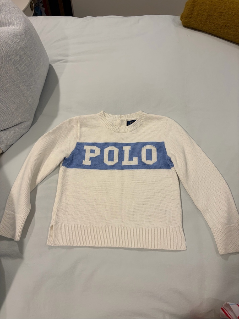 Polo by Ralph Lauren Girls White Knit Sweater with Blue Logo Excellent 5